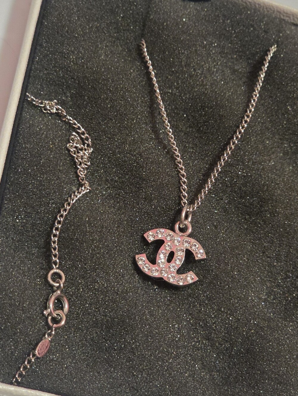 Beautiful CHANEL Silver Crystal CC Logo Pendant Necklace!